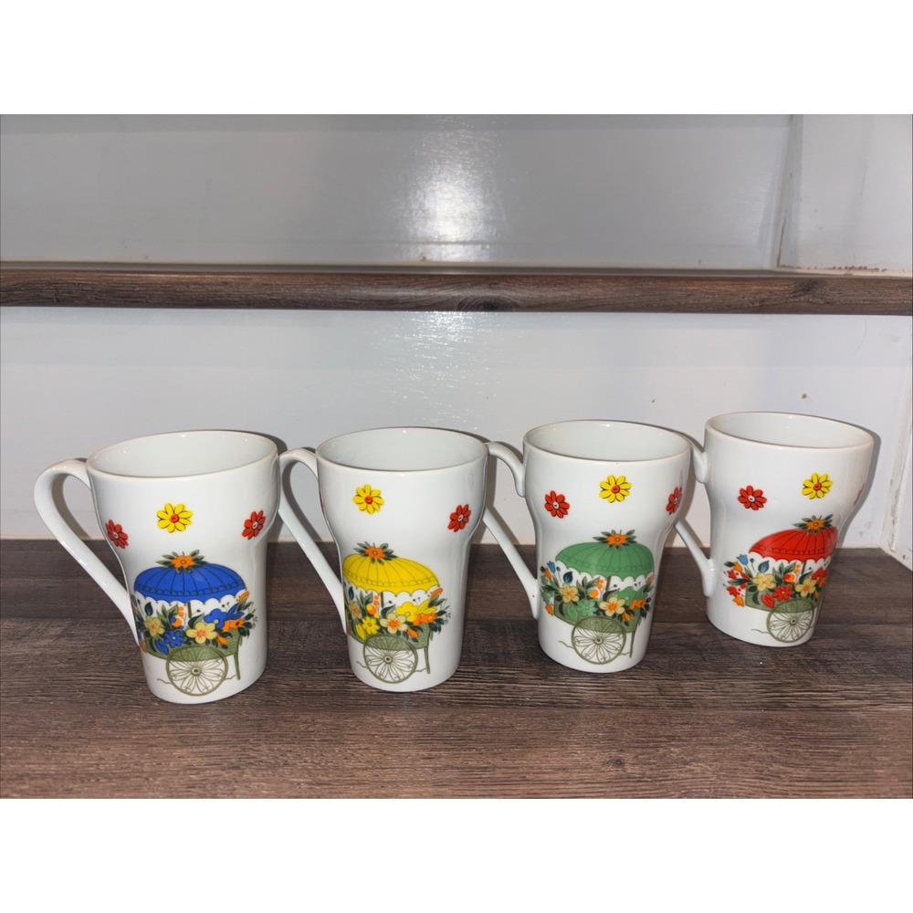 Vtg Set of 4 Colorful Flower Cart Coffee Mugs Tea Cups Red Blue Green Yellow